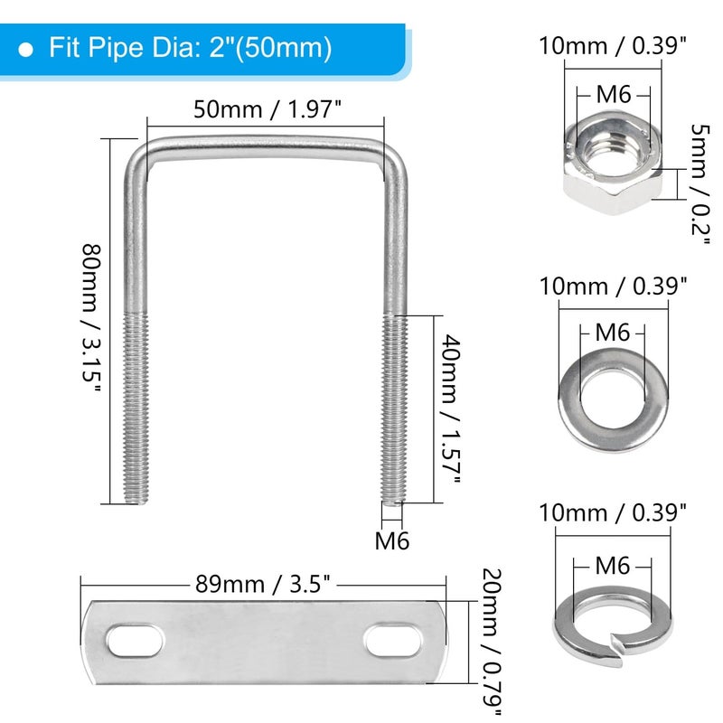 Yinpecly 4 Pack M6 Square U-Bolts, 50mm (2") Inner Width 80mm (3.15") Length, 304 Stainless Steel U Bolts with Frame Plates & Nuts & Washers for Automobiles Trailer, Ski Boat, Sailboat, Trailer - Image 2